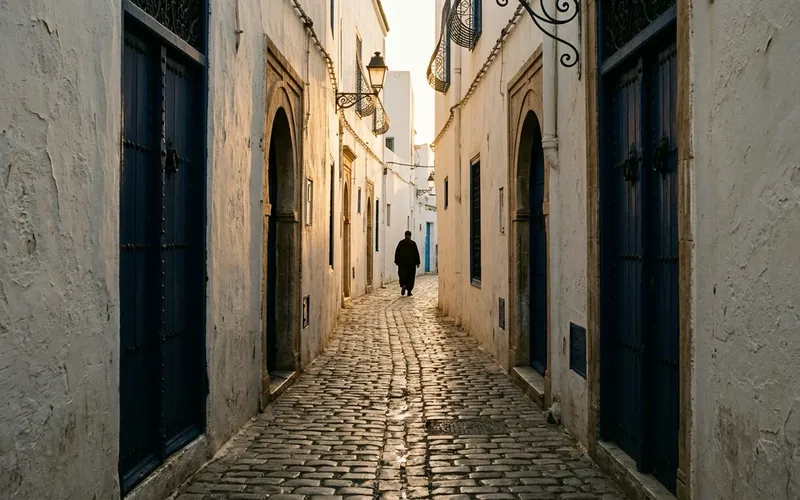 Ruelle pavée de la médina de Tunis, portes bleu nuit et lumière dorée du soir.