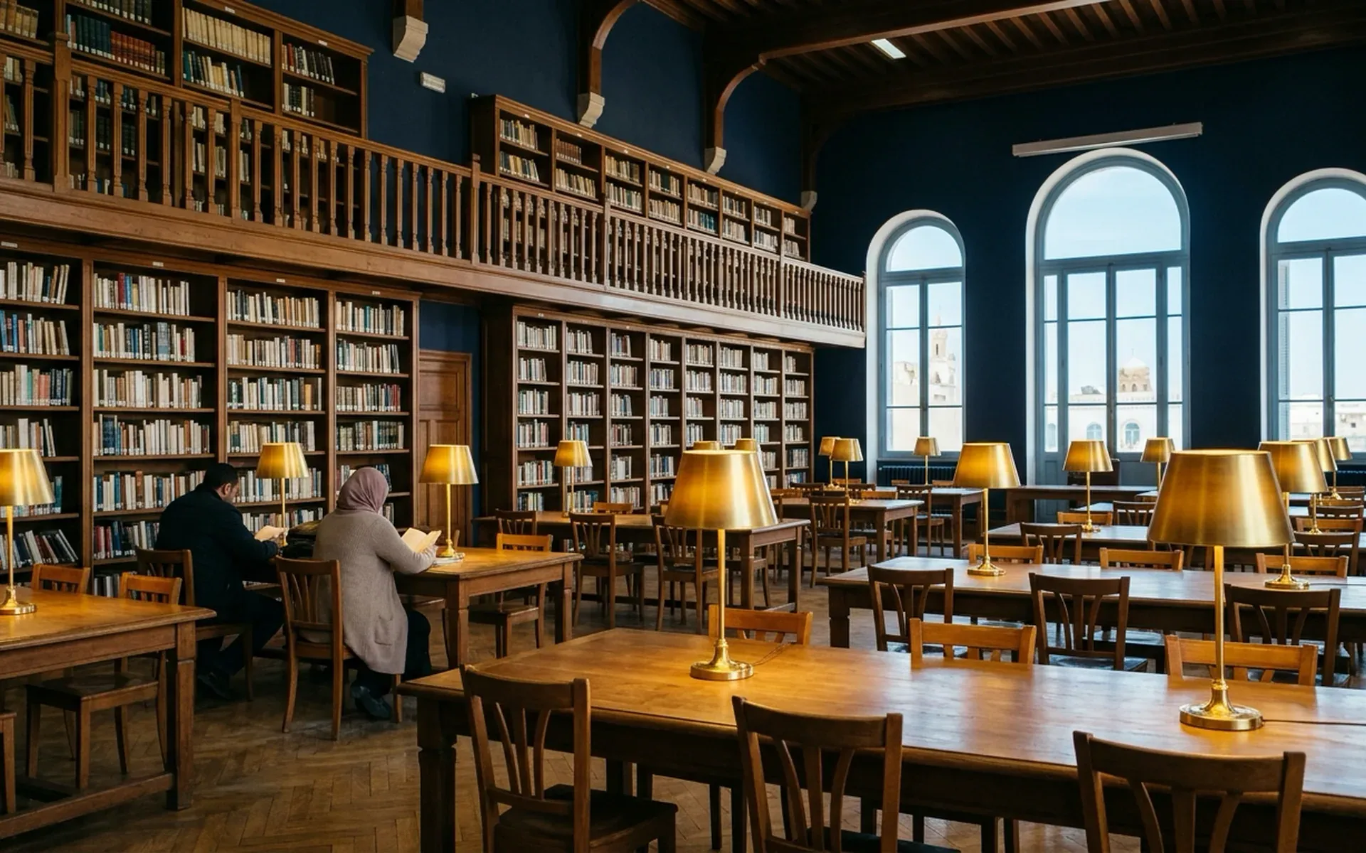 Salle de lecture d’une bibliothèque publique, rayonnages en bois et lampes dorées.