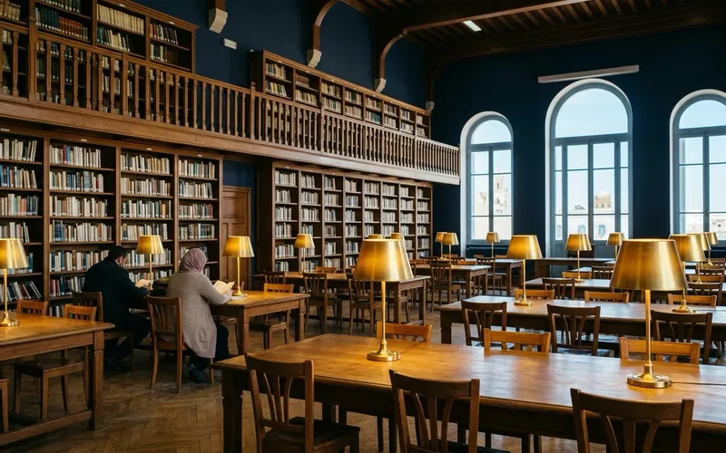 Salle de lecture d’une bibliothèque publique, rayonnages en bois et lampes dorées.