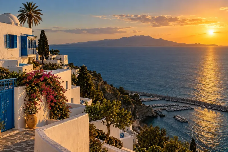 Côte méditerranéenne tunisienne au coucher du soleil, maisons blanches au-dessus de la mer.