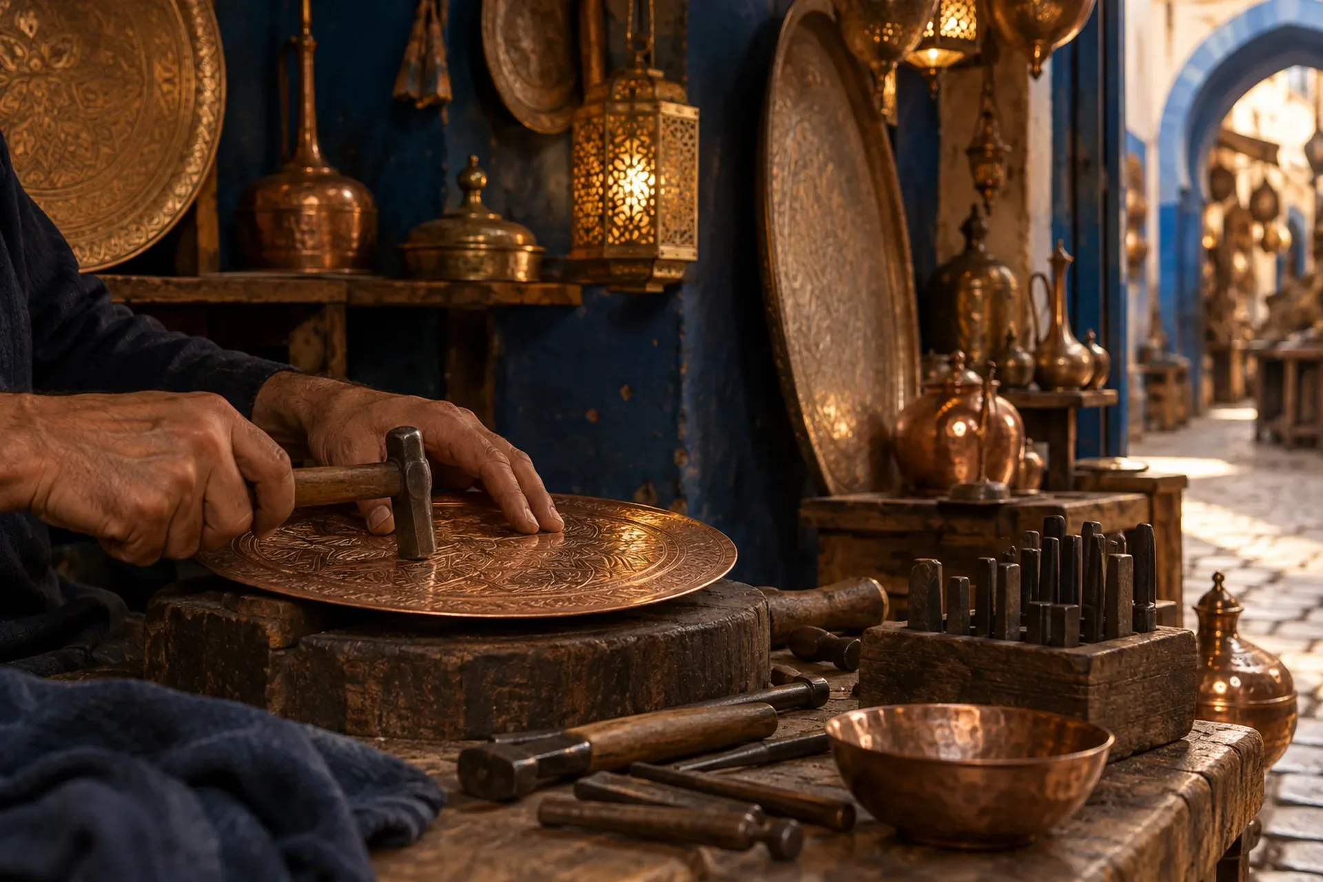 Mains d’un artisan travaillant le cuivre dans un atelier du souk.