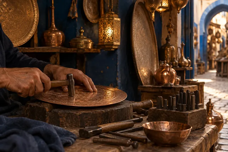 Mains d’un artisan travaillant le cuivre dans un atelier du souk.