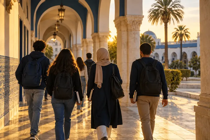 Étudiants vus de dos marchant sous les arcades d’un campus.