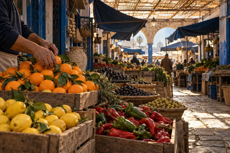 Étals de fruits et légumes dans un marché couvert tunisien.