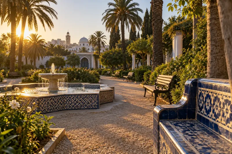Jardin public de Tunis au matin, palmiers, fontaine et bancs.