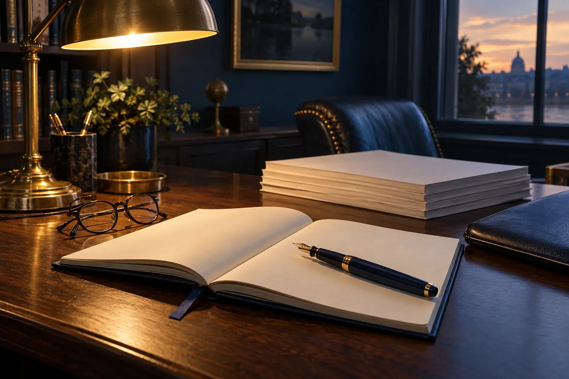Carnet ouvert, stylo et documents sur un bureau éclairé par une lampe.