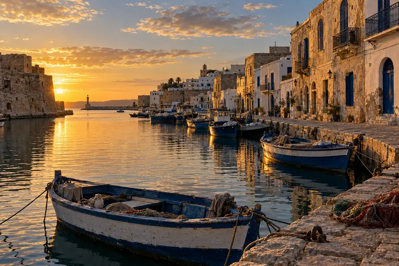 Vieux port de Bizerte à l’heure dorée, barques de pêche et façades aux volets bleus.