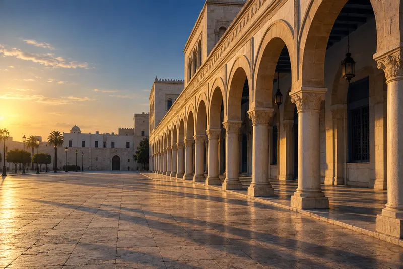 Arcades de pierre blanche du quartier gouvernemental de Tunis à l’heure dorée, place déserte