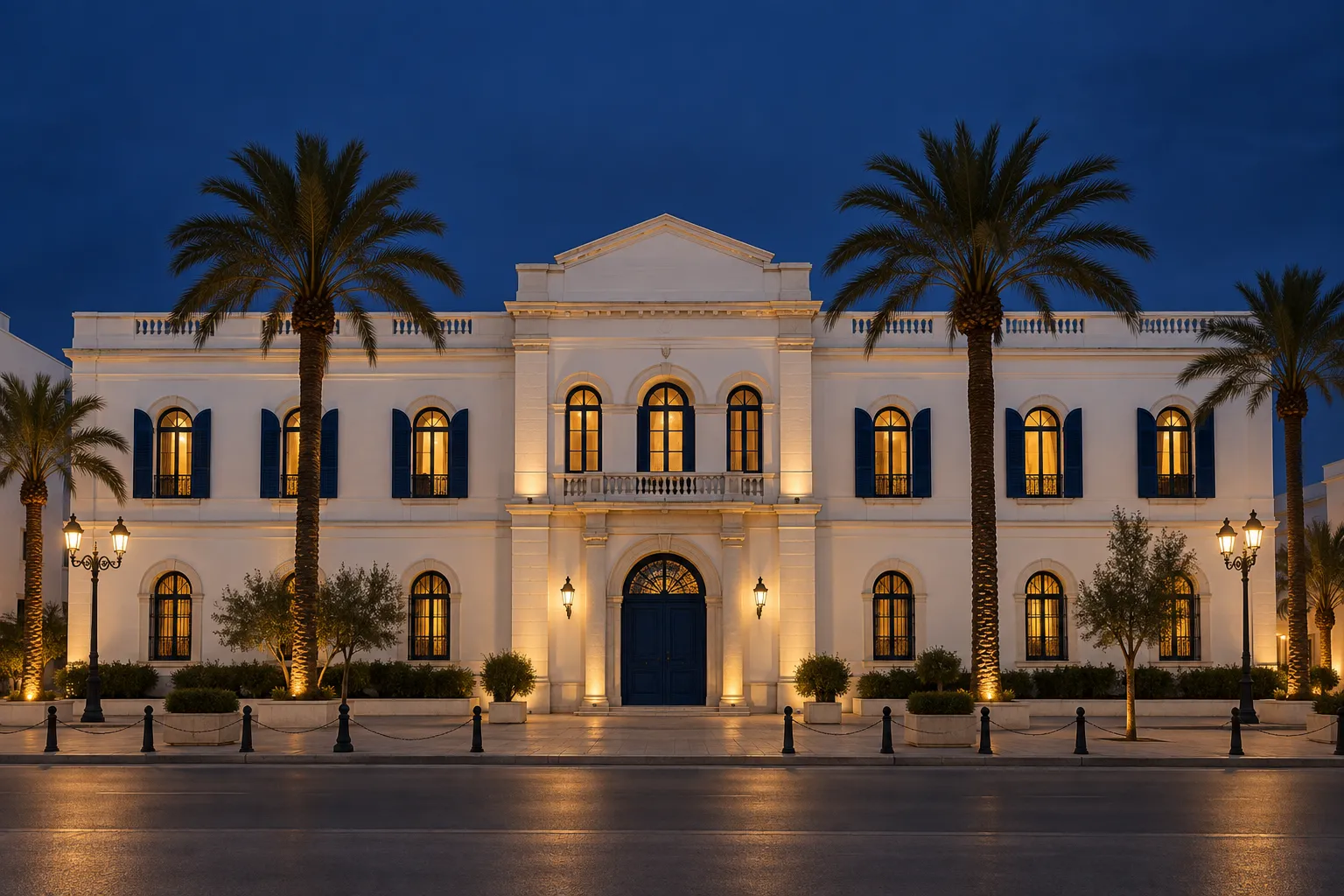 Façade d’un hôtel de ville tunisien au crépuscule, fenêtres éclairées et rue déserte