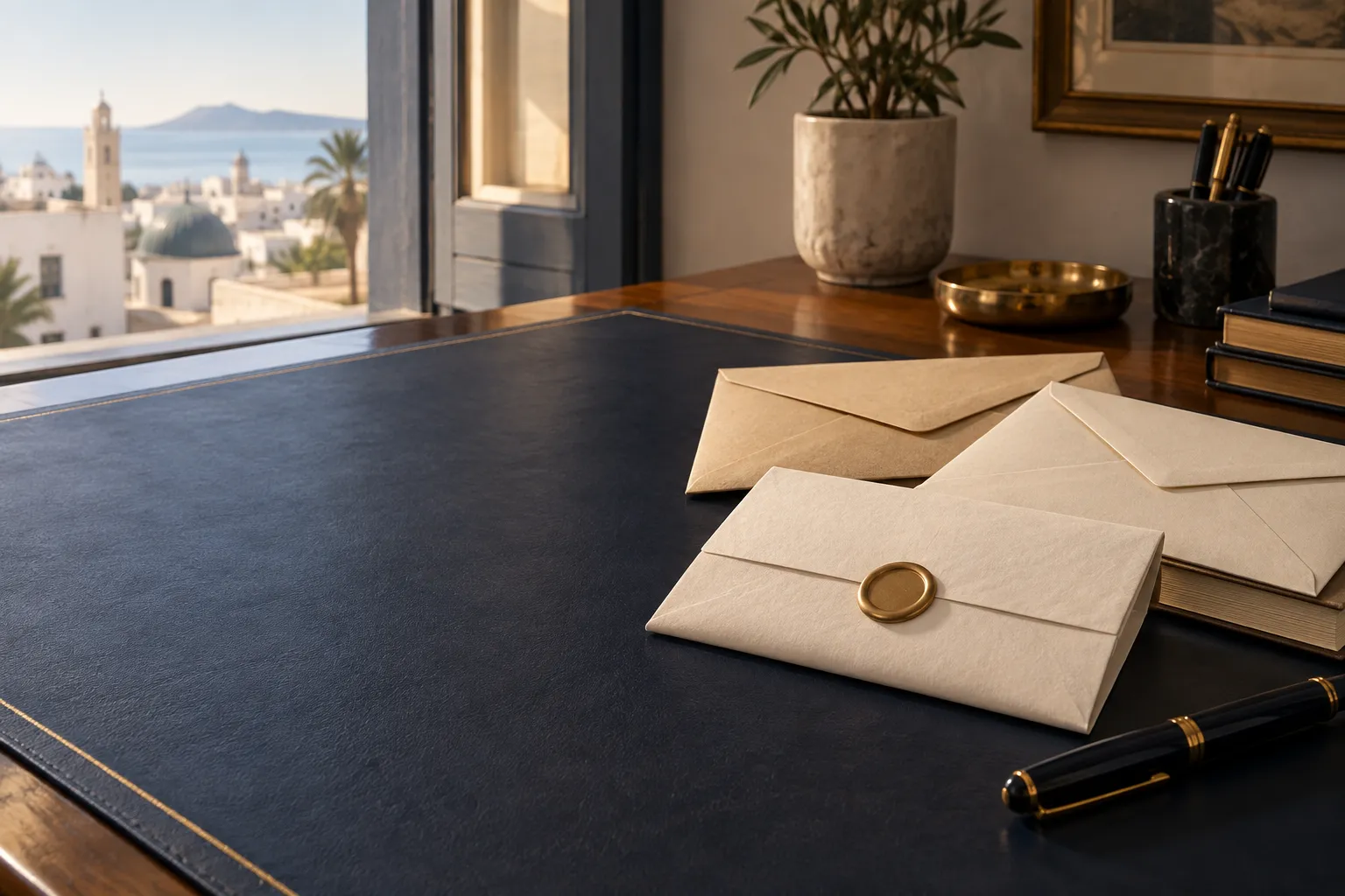 Enveloppes scellées à la cire et stylo-plume sur un sous-main bleu nuit, vue sur la médina