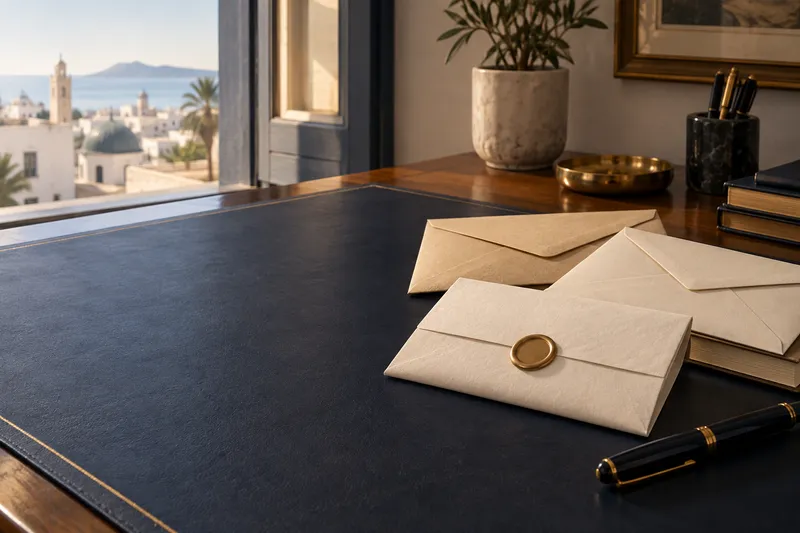 Enveloppes scellées à la cire et stylo-plume sur un sous-main bleu nuit, vue sur la médina