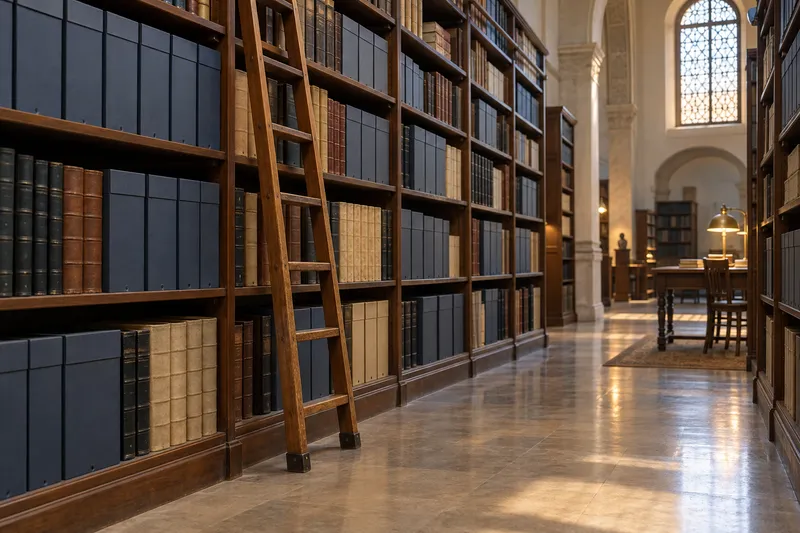 Rayonnages d’archives avec boîtes et volumes reliés, échelle de bibliothèque en bois