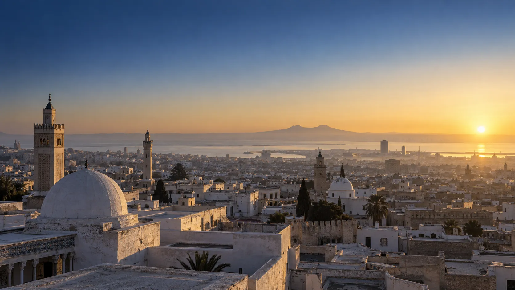 Aube sur les toits de la médina de Tunis et ses minarets, ciel bleu nuit virant à l’or à l’horizon