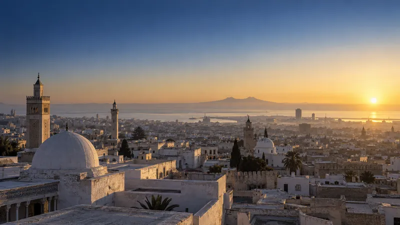 Aube sur les toits de la médina de Tunis et ses minarets, ciel bleu nuit virant à l’or à l’horizon