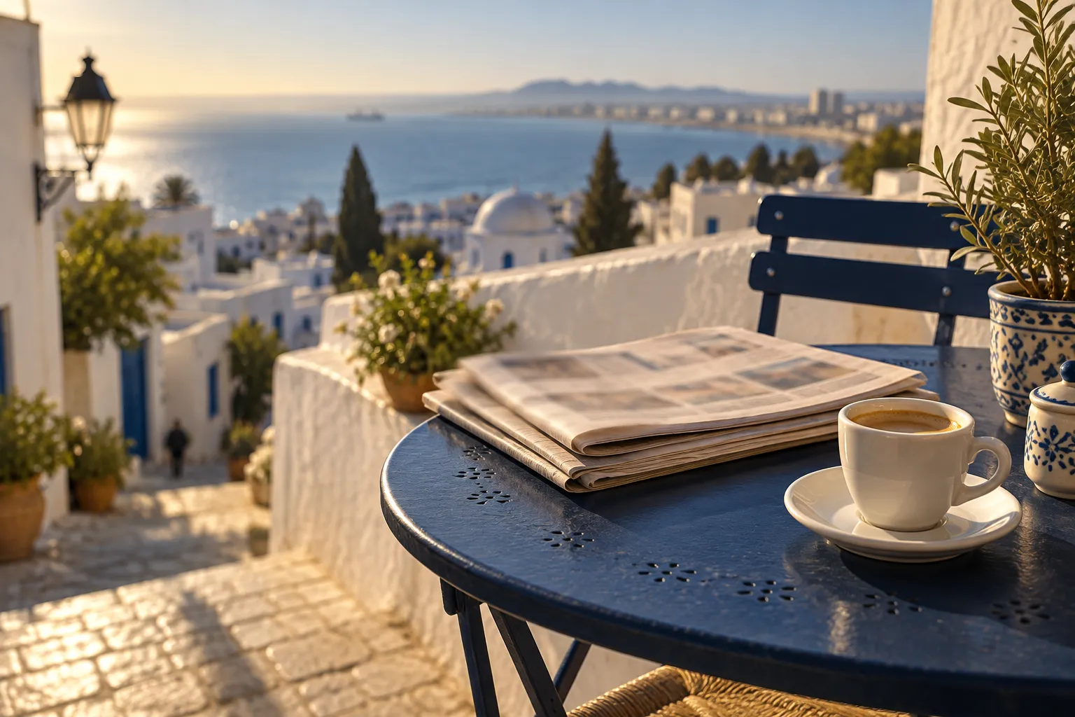 Journaux pliés et tasse de café sur une table de café à Tunis, lumière du matin