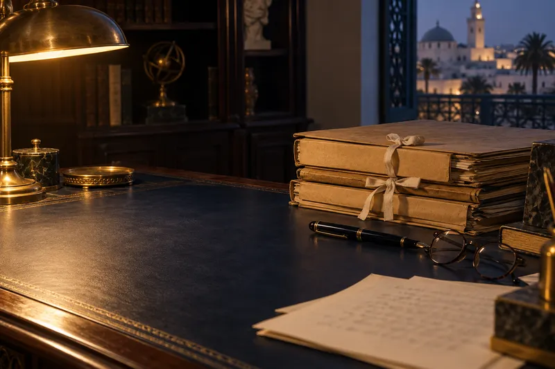 Bureau d’archives : dossiers noués d’un ruban, stylo-plume et cuir bleu nuit sous une lampe dorée
