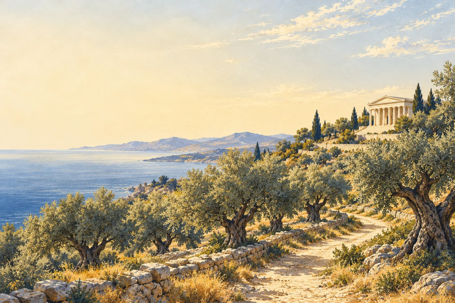 Illustration: an earth path through an olive grove leading to a classical columned public building on a hill.
