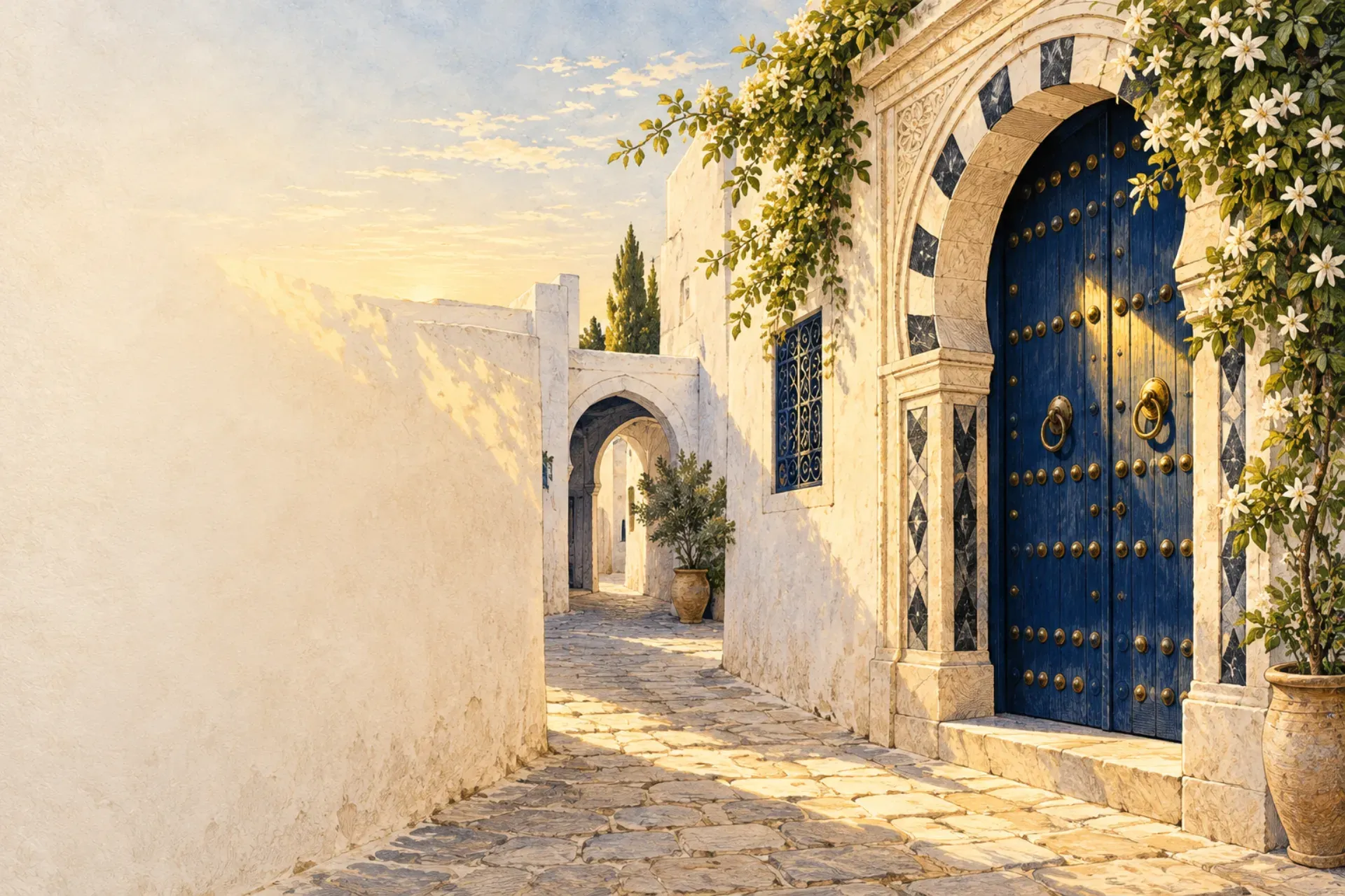 Illustration: a Tunis medina lane in morning light, a studded navy-blue door under a carved stone arch.