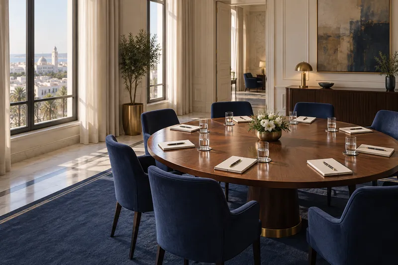 Table ronde vide dans une salle de réunion sobre, carnets, verres d’eau et chaises bleu nuit