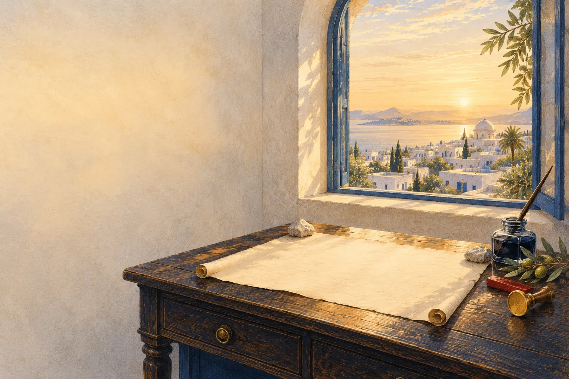 Illustration: a desk with a blank unrolled charter scroll, inkwell, wax, seal and olive sprig, by a window onto Tunis rooftops.