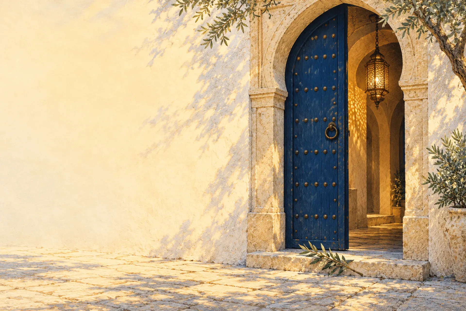 Illustration: an open studded blue medina door with a lit lantern inside and an olive branch on the threshold.