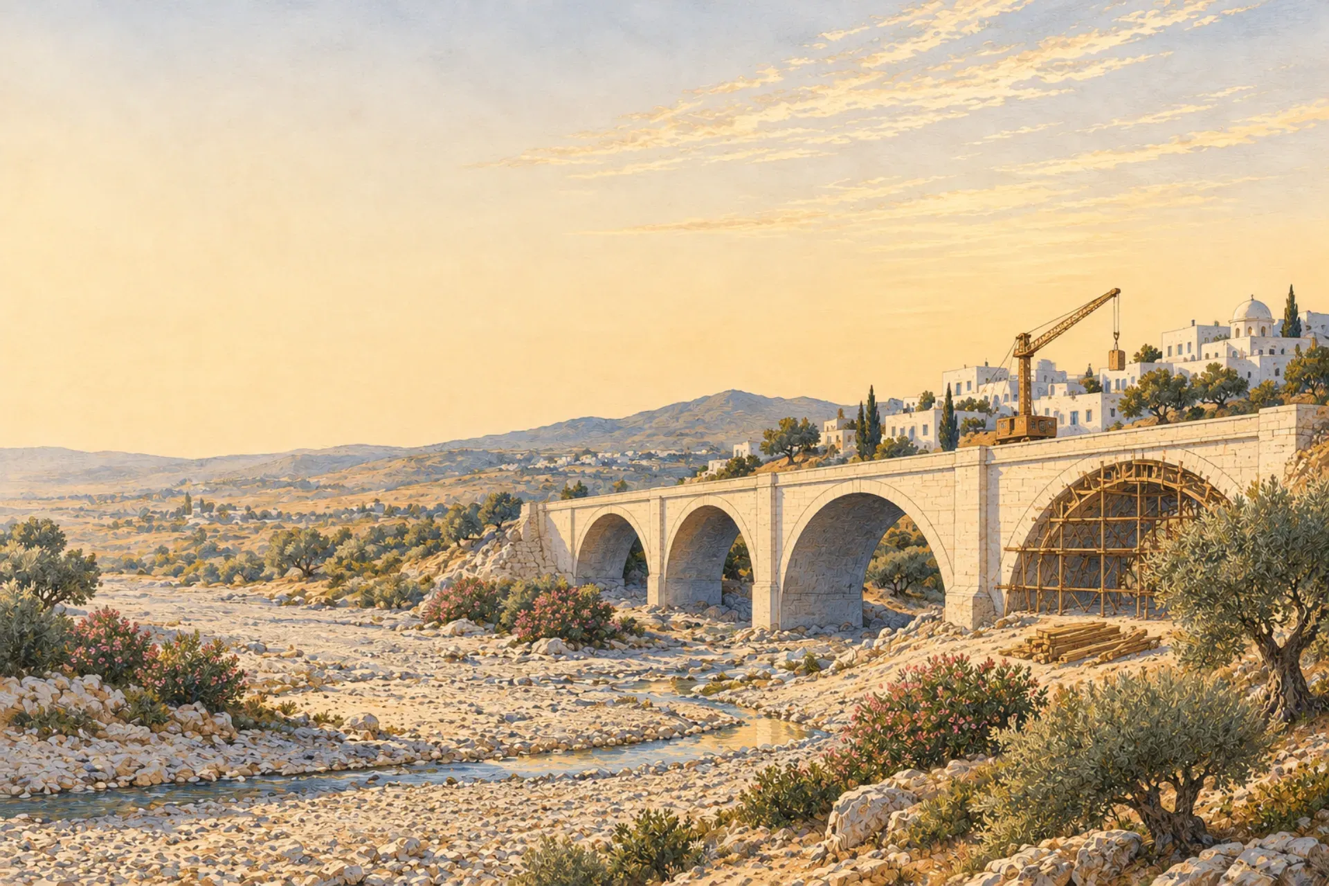 Illustration: a new stone bridge completed over a wadi near a Tunisian town, scaffolding coming down in morning light.