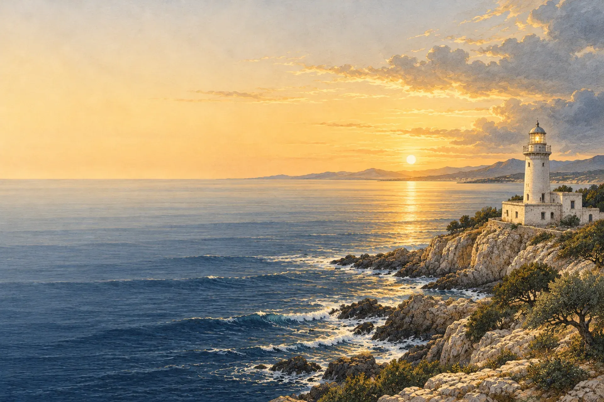 Illustration: a white lighthouse on a Tunisian coastal headland at first light, the sea calming after a storm.