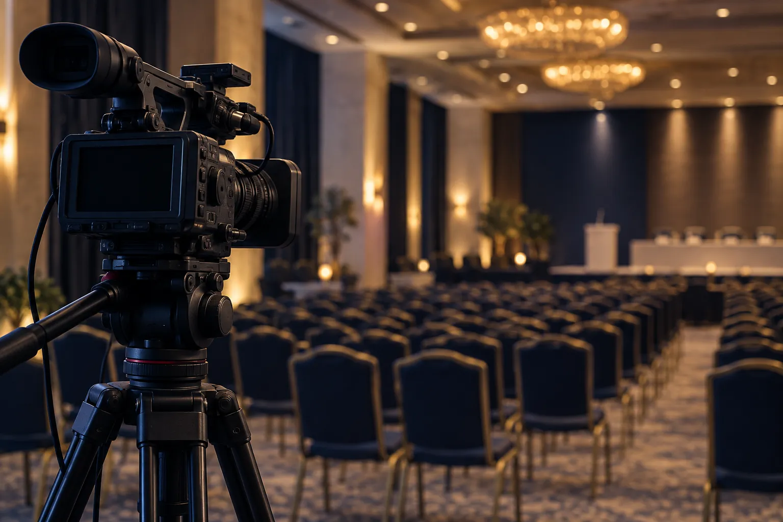 Caméra sur trépied dans une salle de conférence vide, lumières en arrière-plan flou