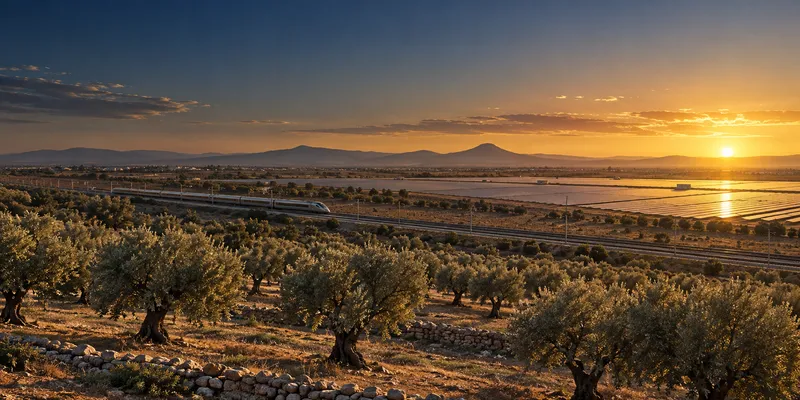 Oliveraies rejoignant une voie ferrée moderne et un champ solaire à l’heure dorée, intérieur tunisien